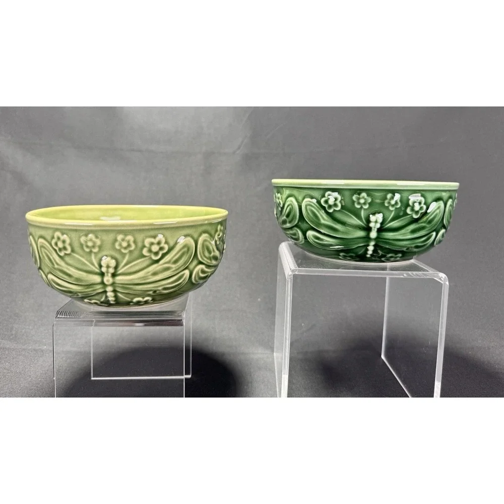 Bordallo Pinheiro Dragonfly Green Majolica Coupe Cereal Bowls 2 Portugal Display